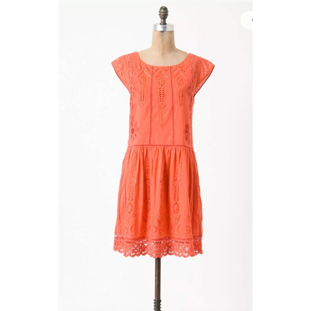 Anthropologie Meadow Rue Watermelon Ice dress coral embroidered eyelet sz 2